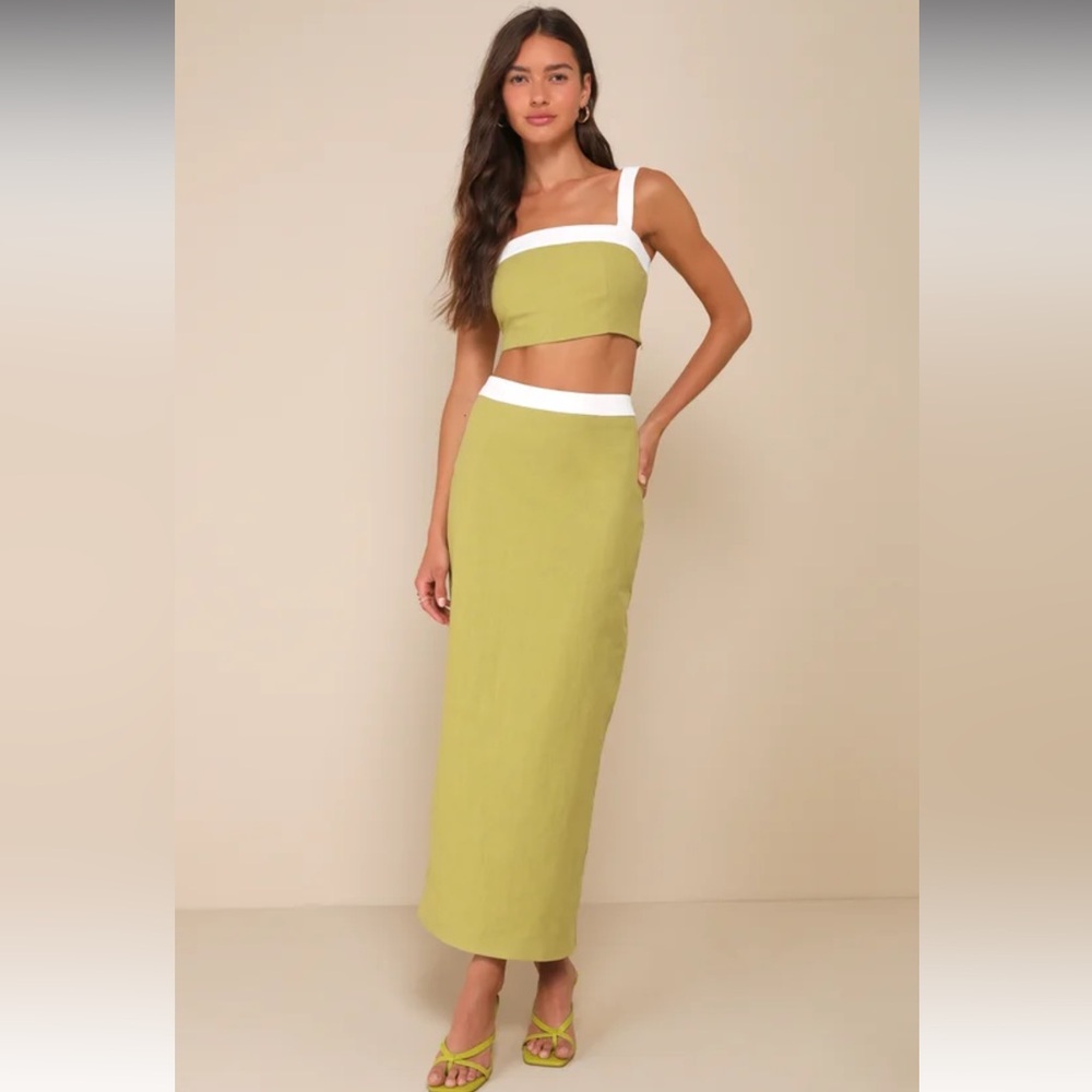 Lime Green Two-Piece Crop Top & Maxi Skirt Set with White Trim